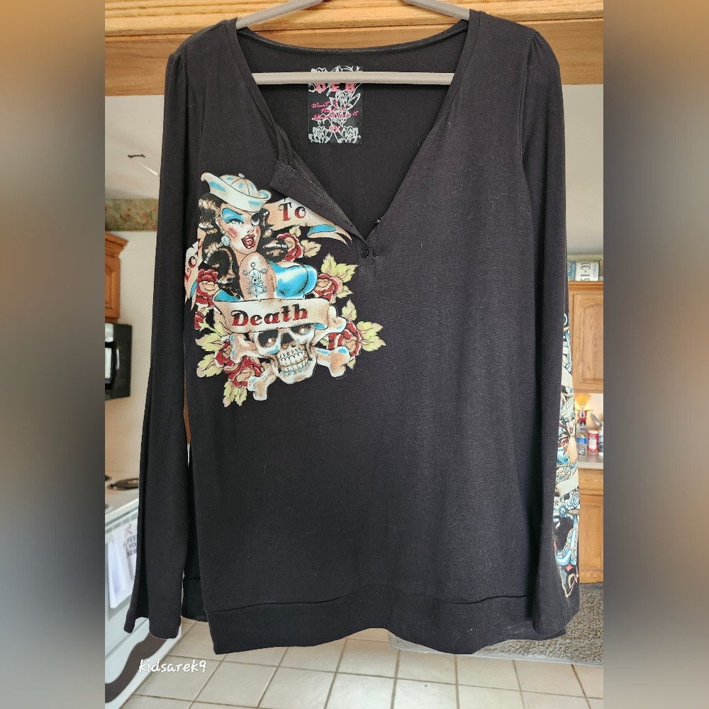 Tattoo Style Black Graphic Long Sleeve Top 🖤⚓️